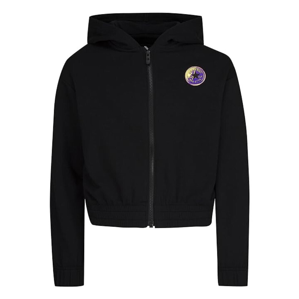 Converse Hoodie Girls Medium Black Stretch Drop Shoulder Full Zip Cropped RED574